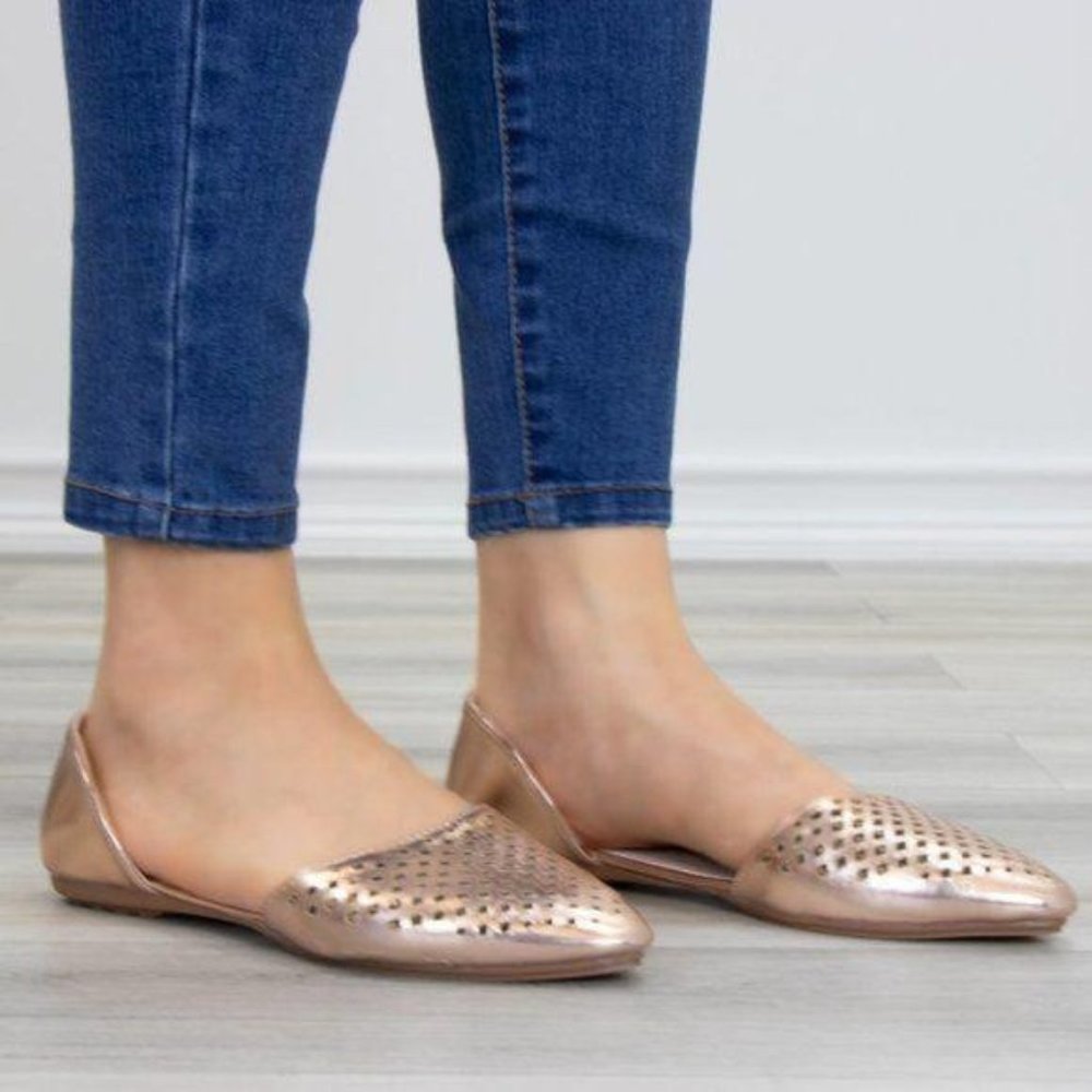 Pointed Toe Perforated Gold Rose Flats - Picture 6 of 7